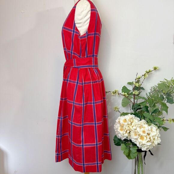 Vintage 50s Serbin Petite Red & Navy Plaid Belted Button-Front Dress | Made in U - Picture 5 of 11